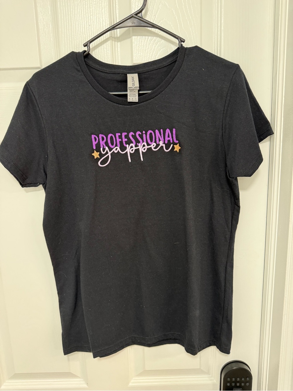 Gildan Black 'Professional Yapper' Kids Tee with Purple, Pink & Gold Graphic